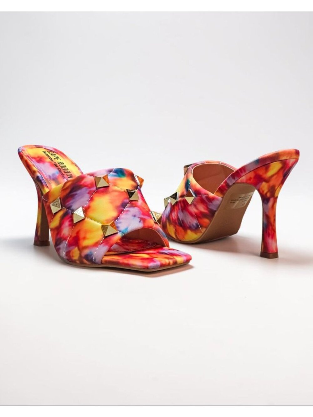 Colorful Tie-Dye Studded High Heel Mules With Quilted Detail & Open Toe Design F